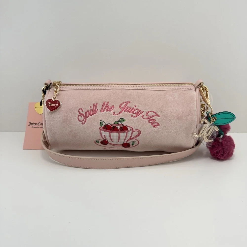 Juicy Couture Pink Embroidered Satchel Top Handle Zip Bag w/Charms, Strap